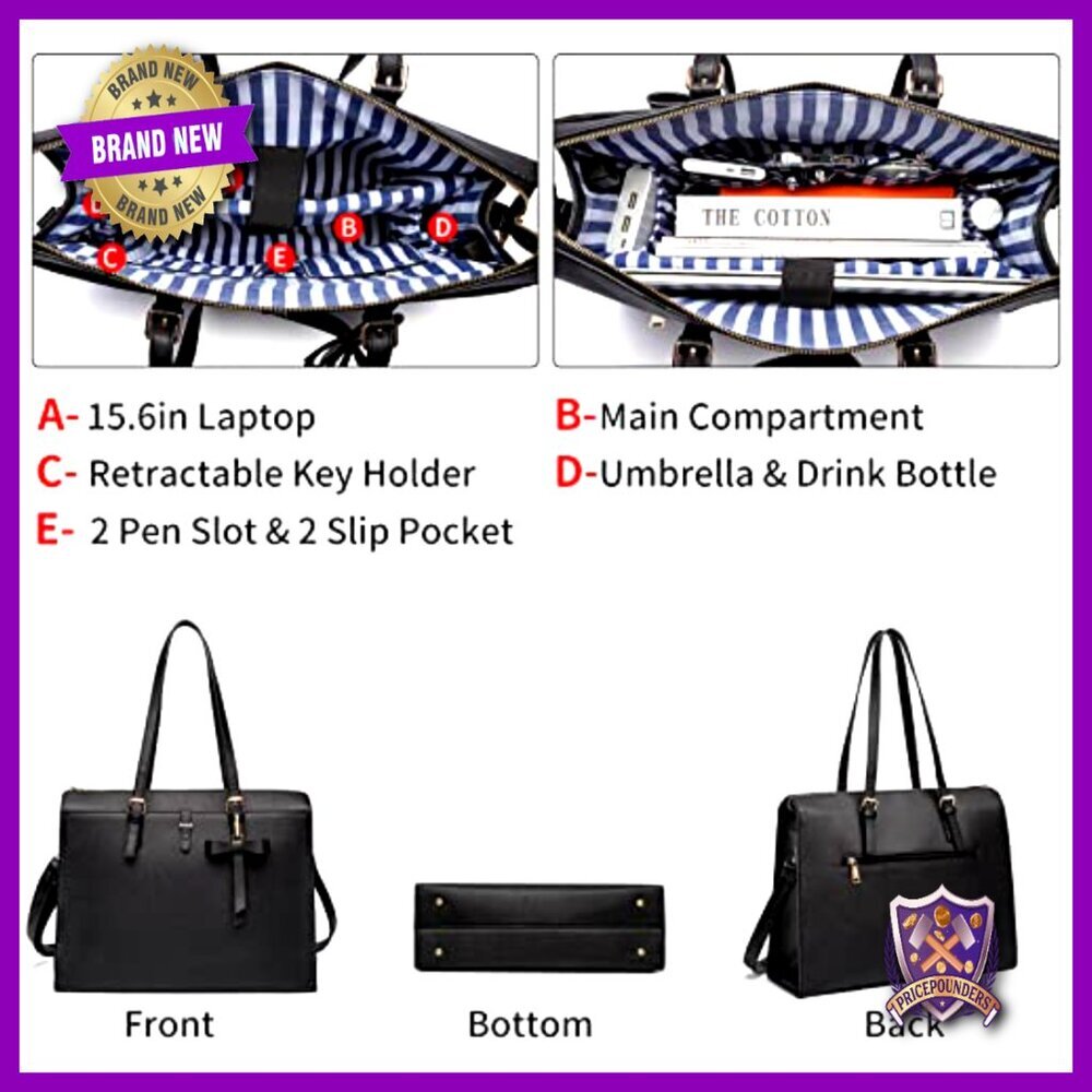 Large Leather Laptop Tote Bag with USB Charging Port, Adjustable Strap, Chic - Picture 3 of 7